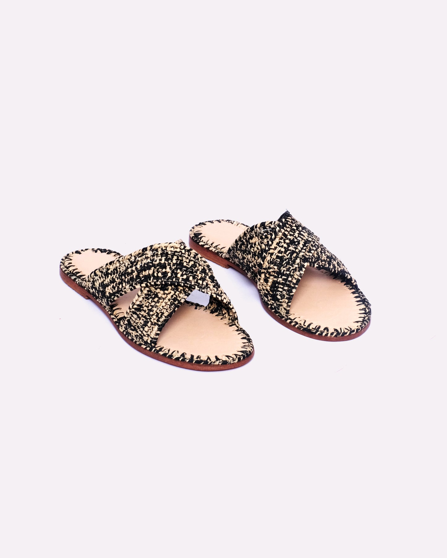 Black & Natural Raffia Cross Sandals – Handmade Moroccan Flat Slides
