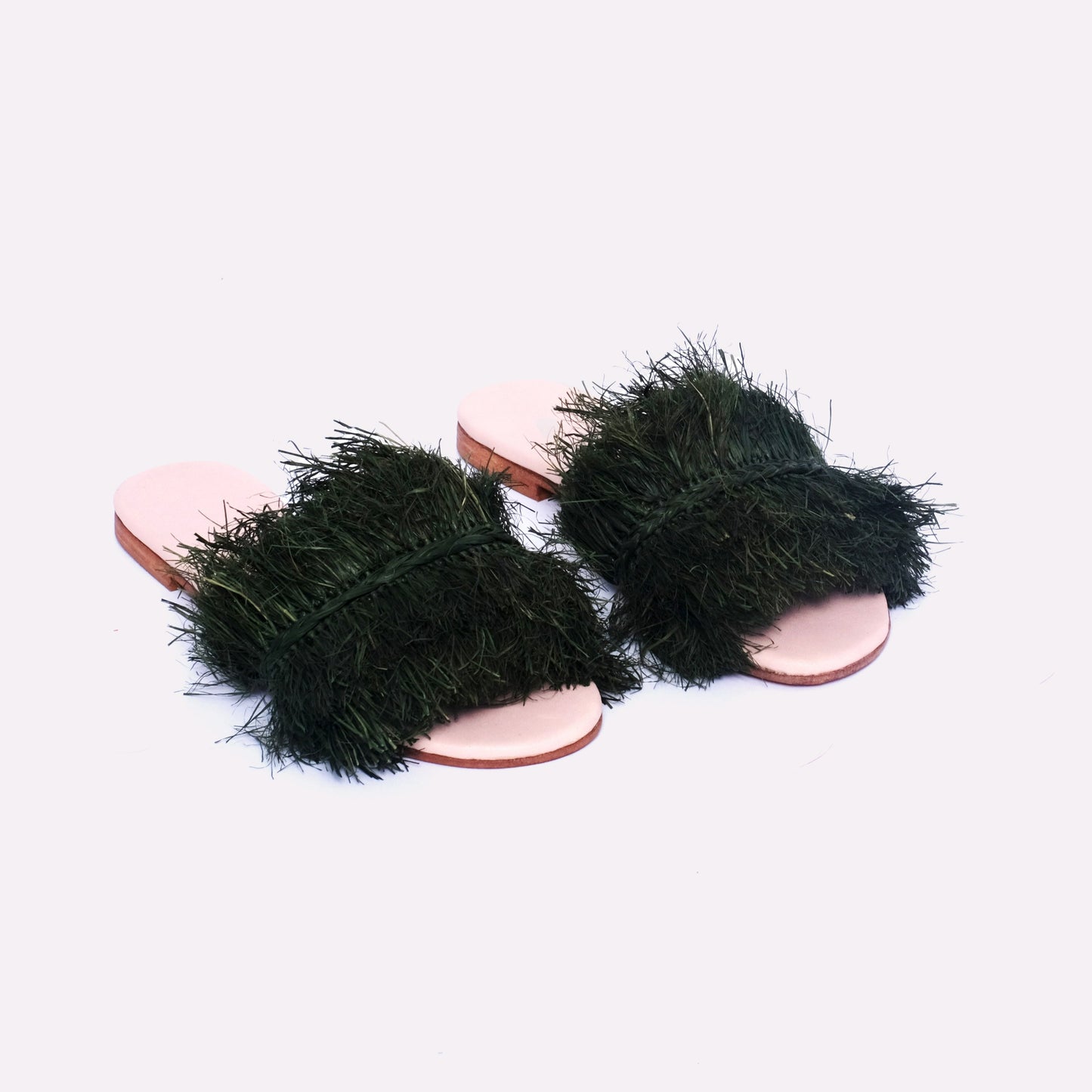 Dark green raffia fringe slide sandals with natural nude leather sole