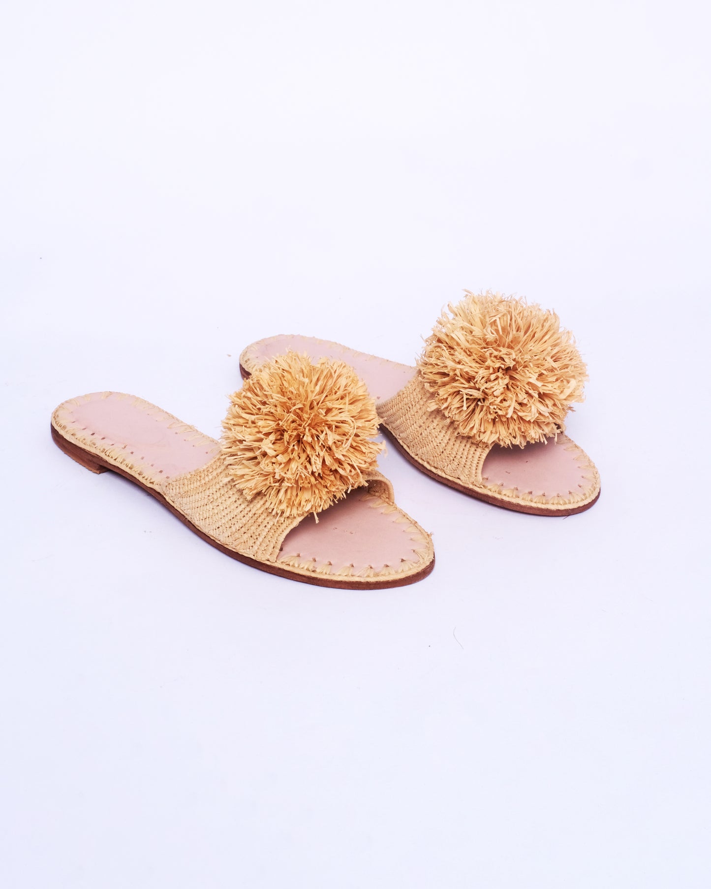 Women’s Raffia Pom-Pom Slides – Handmade Moroccan Craft
