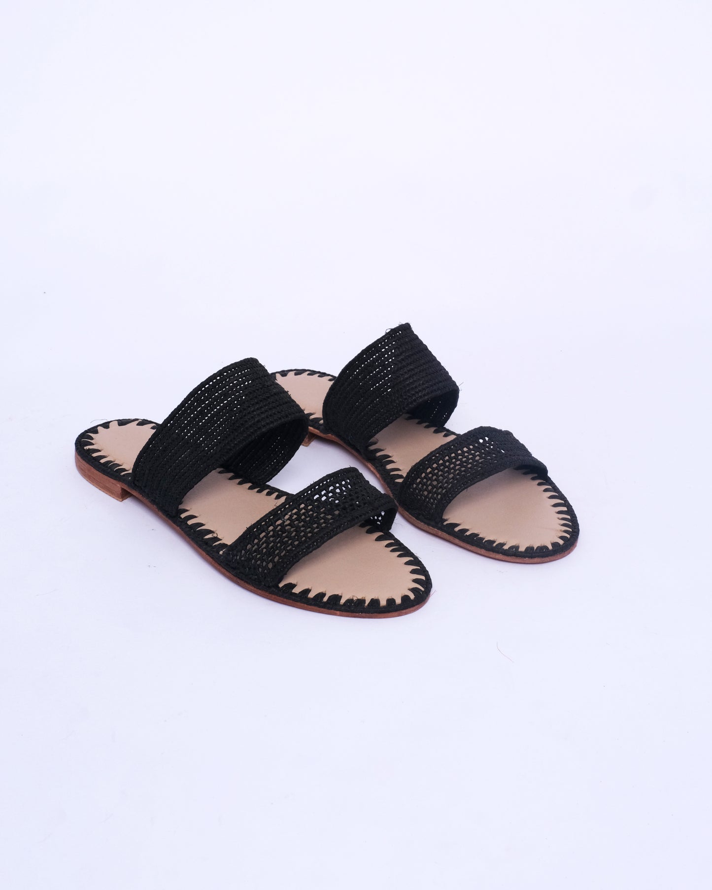 Black Raffia Double Strap Sandals – Handmade Women’s Flats from Morocco