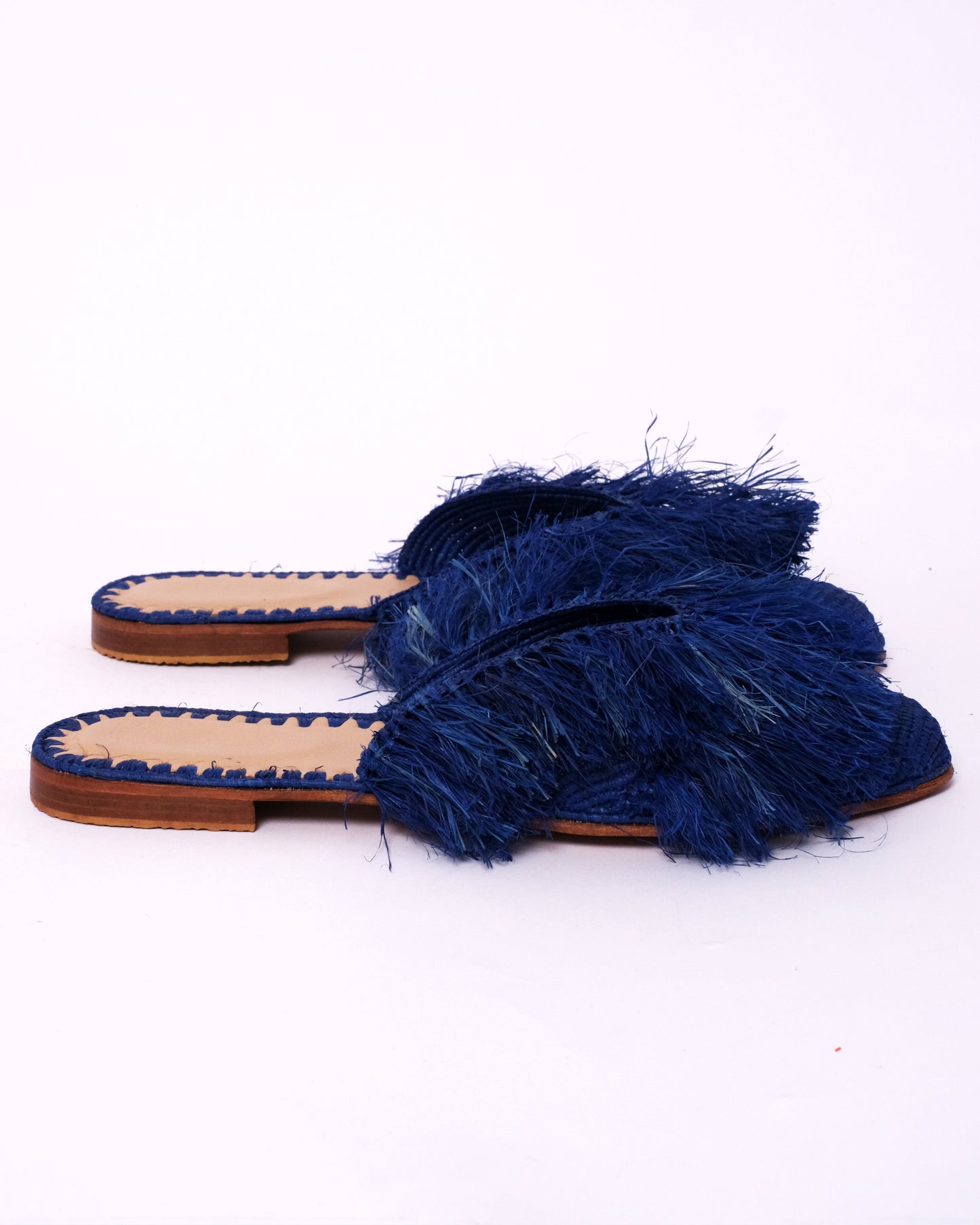 Royal Blue Raffia Fringe Mules – Handmade Moroccan Statement Slides