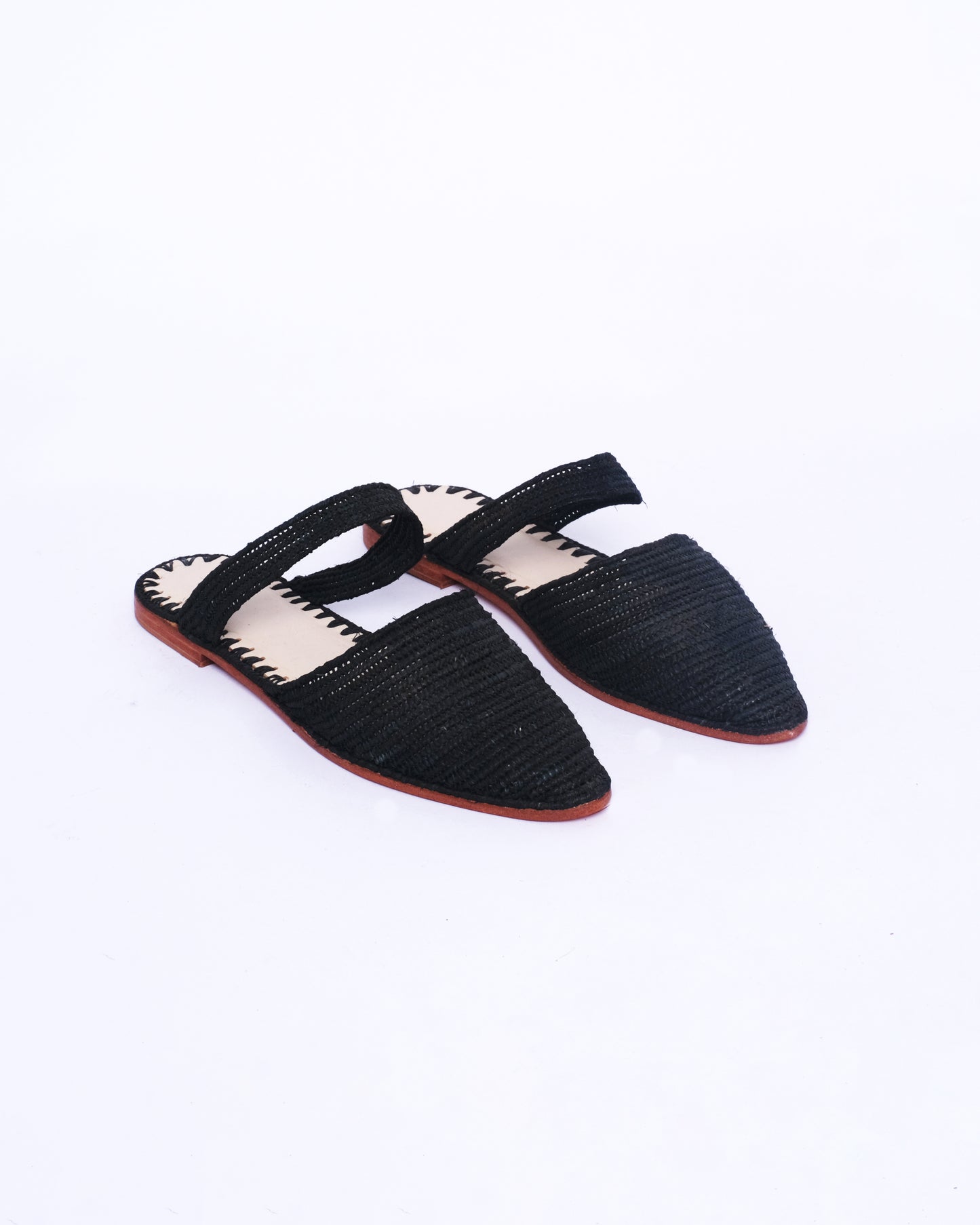 Black Raffia Flat Sandals – Handmade with Ankle Strap
