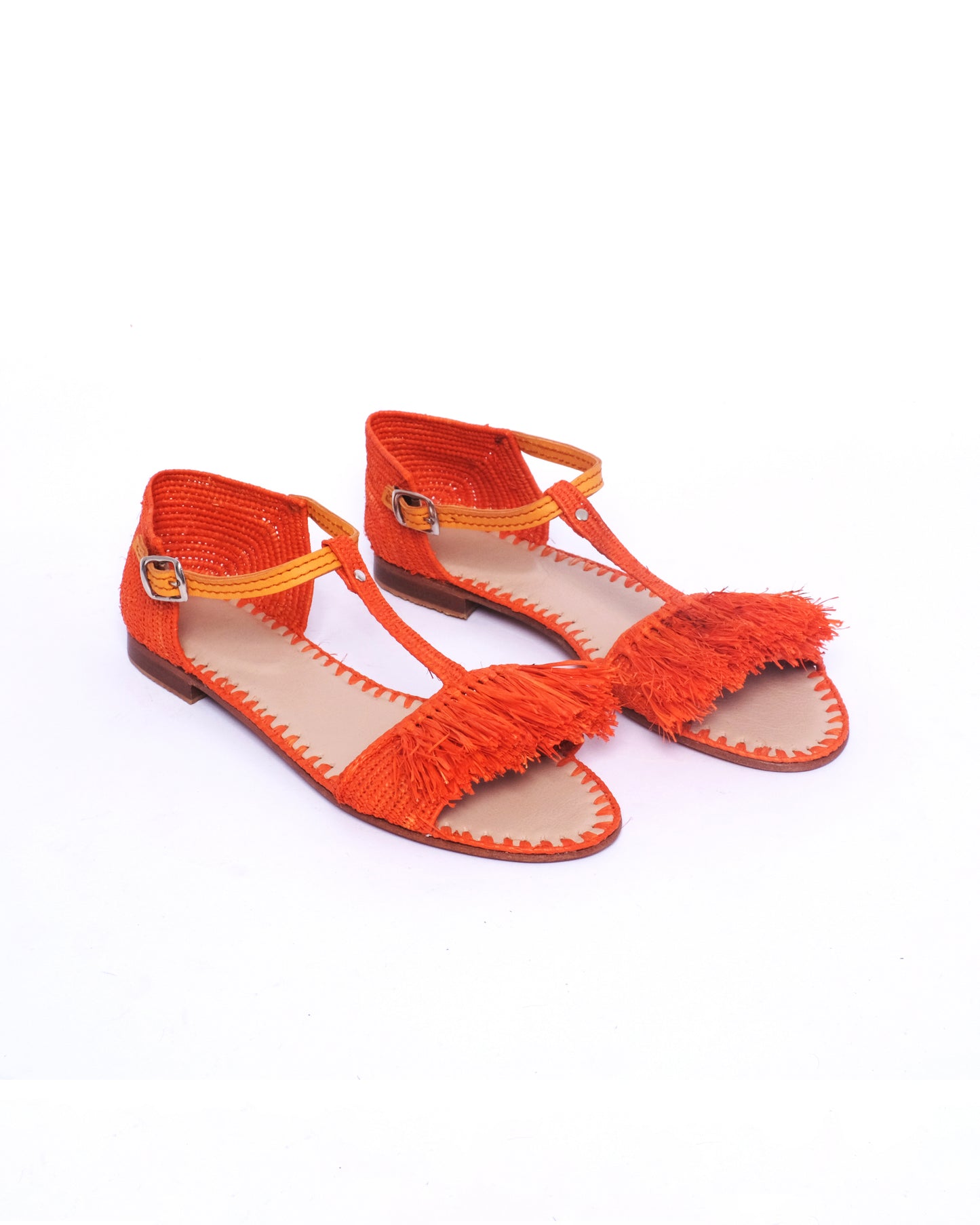 Women’s Orange Raffia Sandals – Handmade Fringe Design