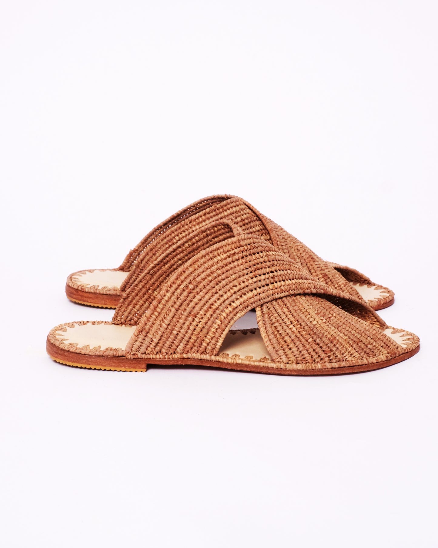 Brown Raffia Cross Slides – Handmade Moroccan Open-Toe Sandals