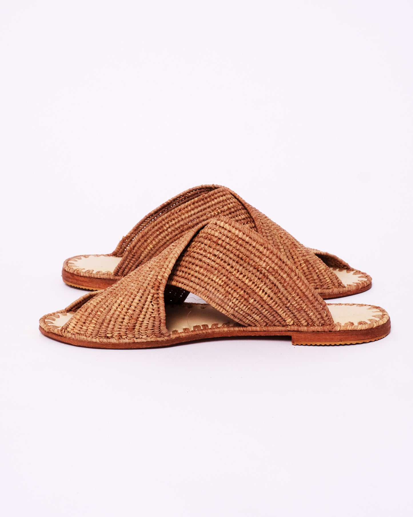Brown Raffia Cross Slides – Handmade Moroccan Open-Toe Sandals