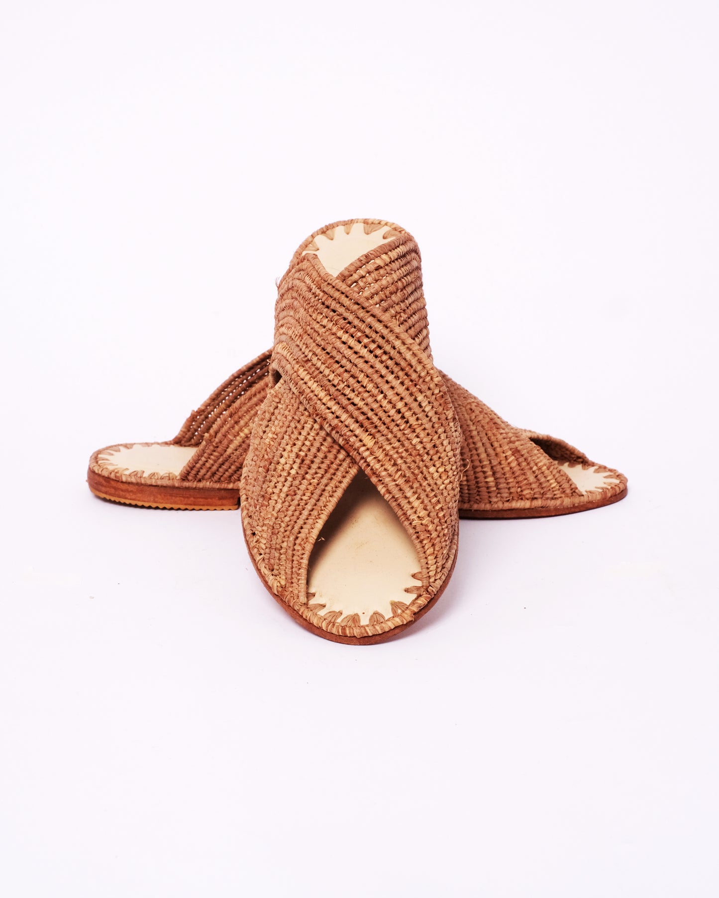 Brown Raffia Cross Slides – Handmade Moroccan Open-Toe Sandals
