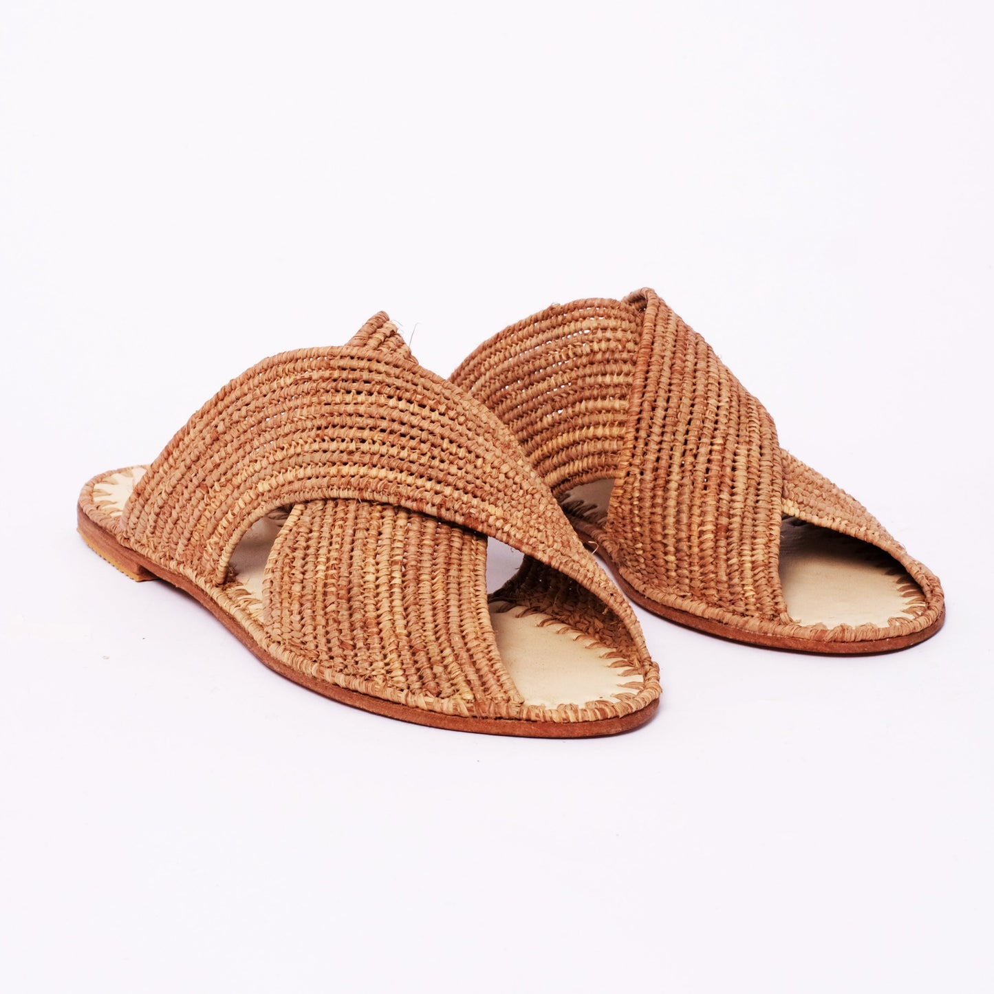 Brown Raffia Cross Slides – Handmade Moroccan Open-Toe Sandals
