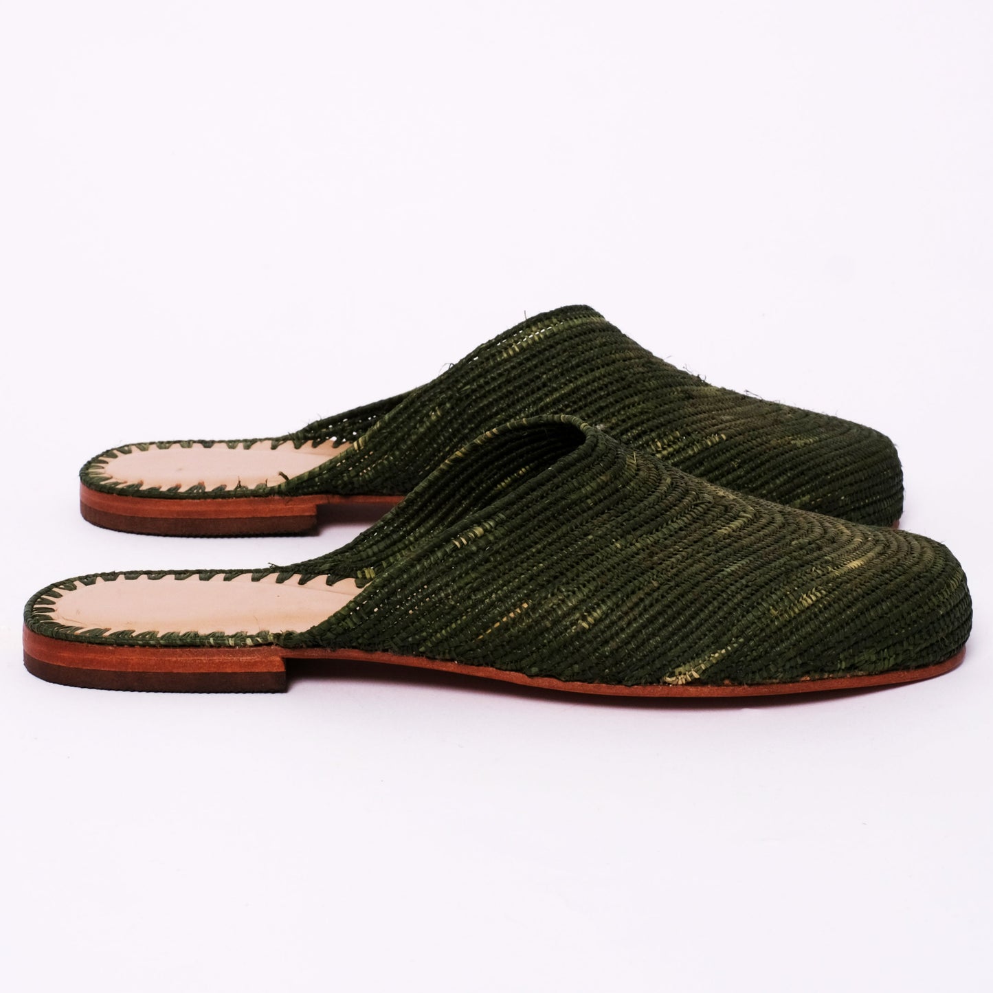 Dark Green Raffia Mules – Handmade Moroccan Slip-Ons for Women