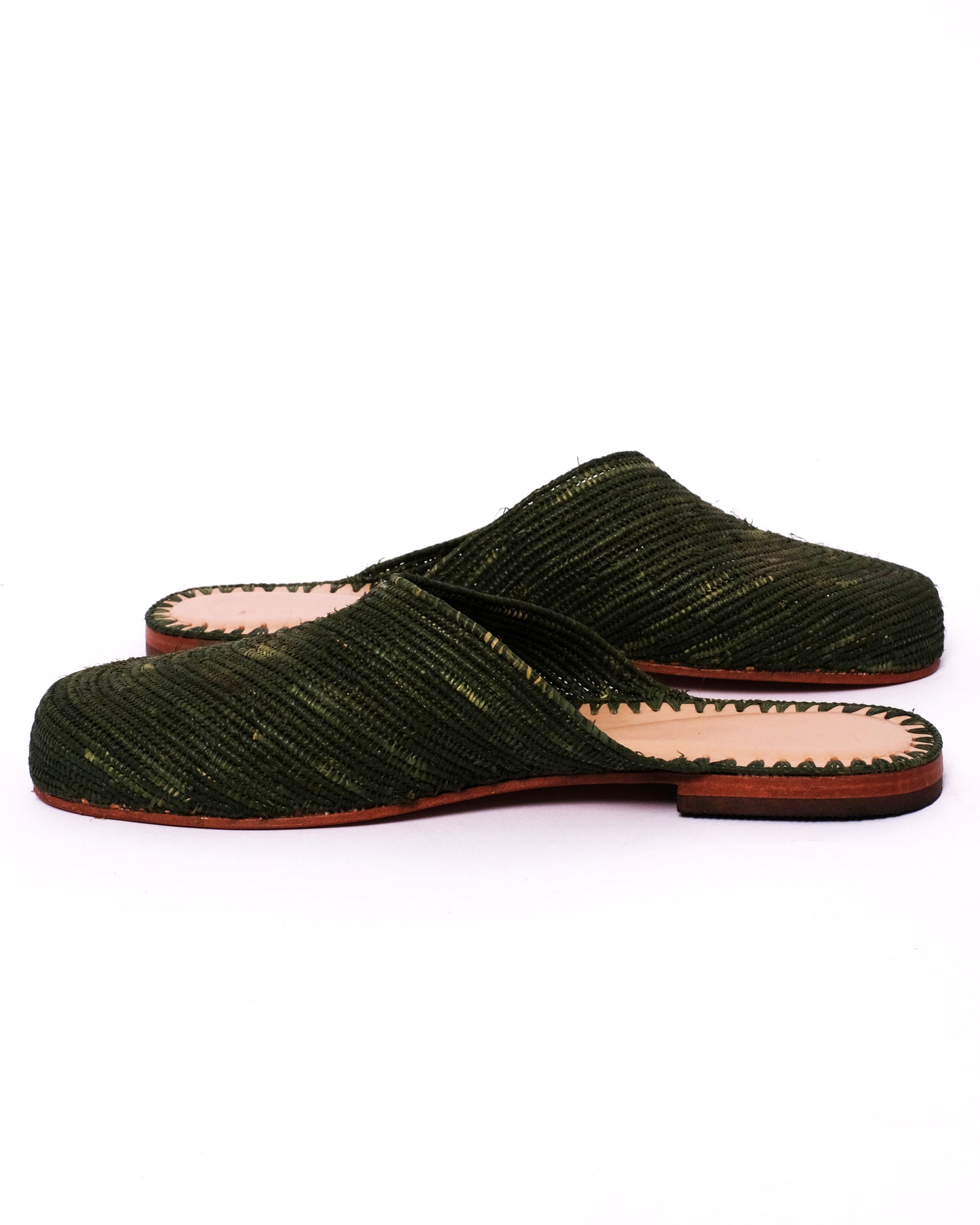 Dark Green Raffia Mules – Handmade Moroccan Slip-Ons for Women