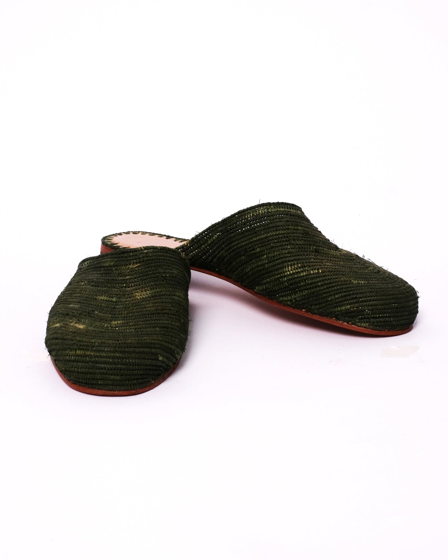 Dark Green Raffia Mules – Handmade Moroccan Slip-Ons for Women
