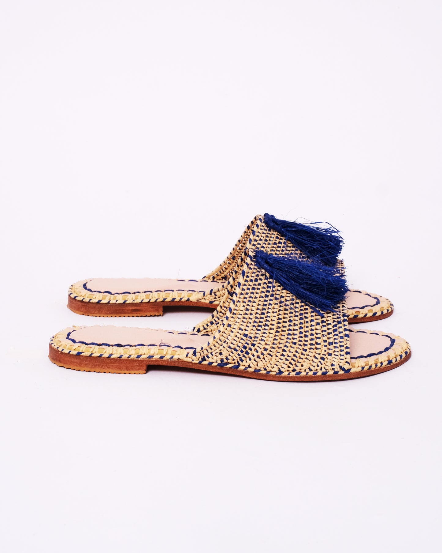 Women’s Raffia Slides with Blue Tassel – Handmade in Morocco