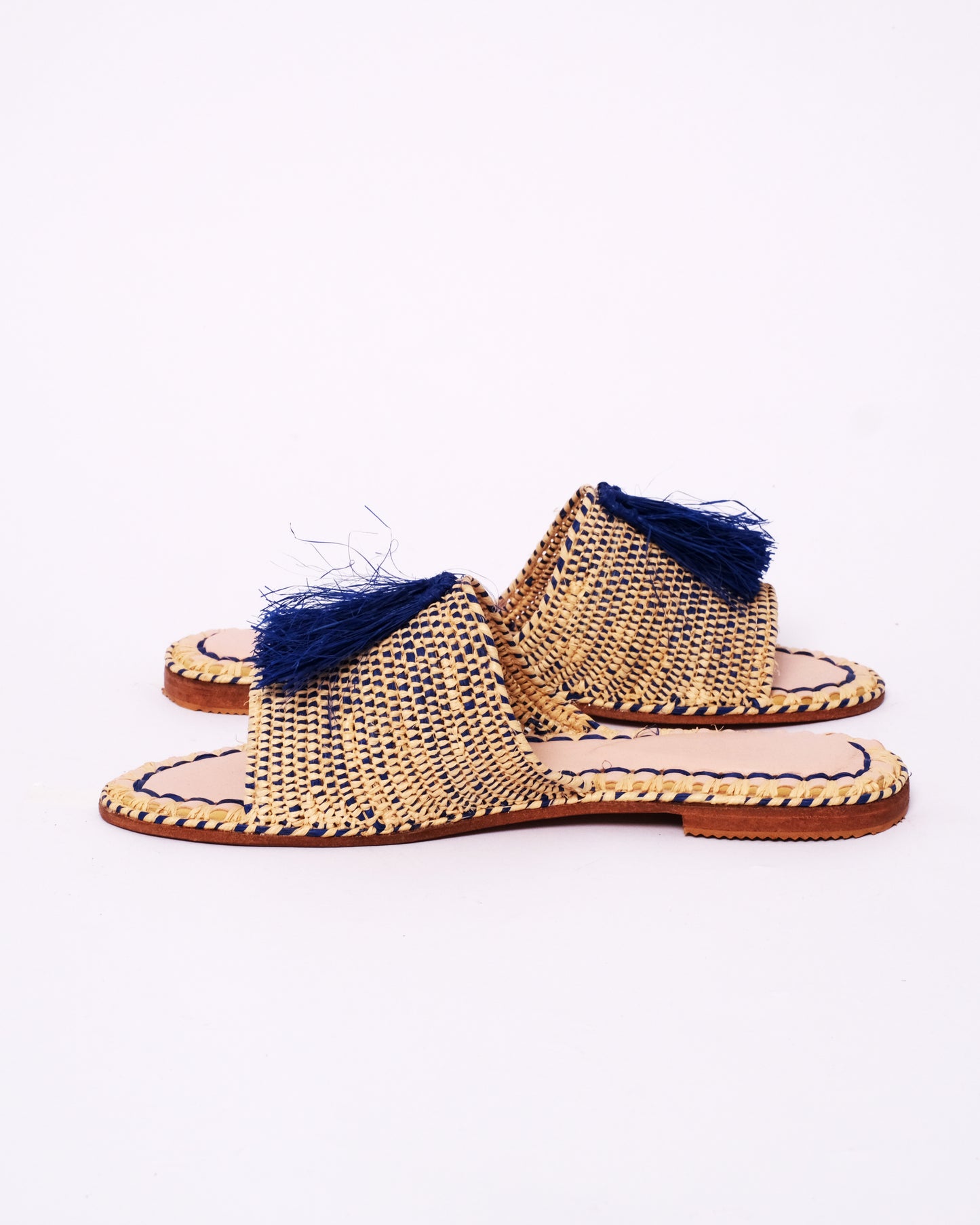 Women’s Raffia Slides with Blue Tassel – Handmade in Morocco
