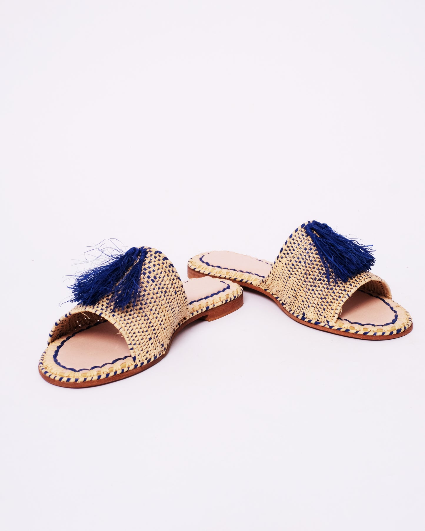 Women’s Raffia Slides with Blue Tassel – Handmade in Morocco