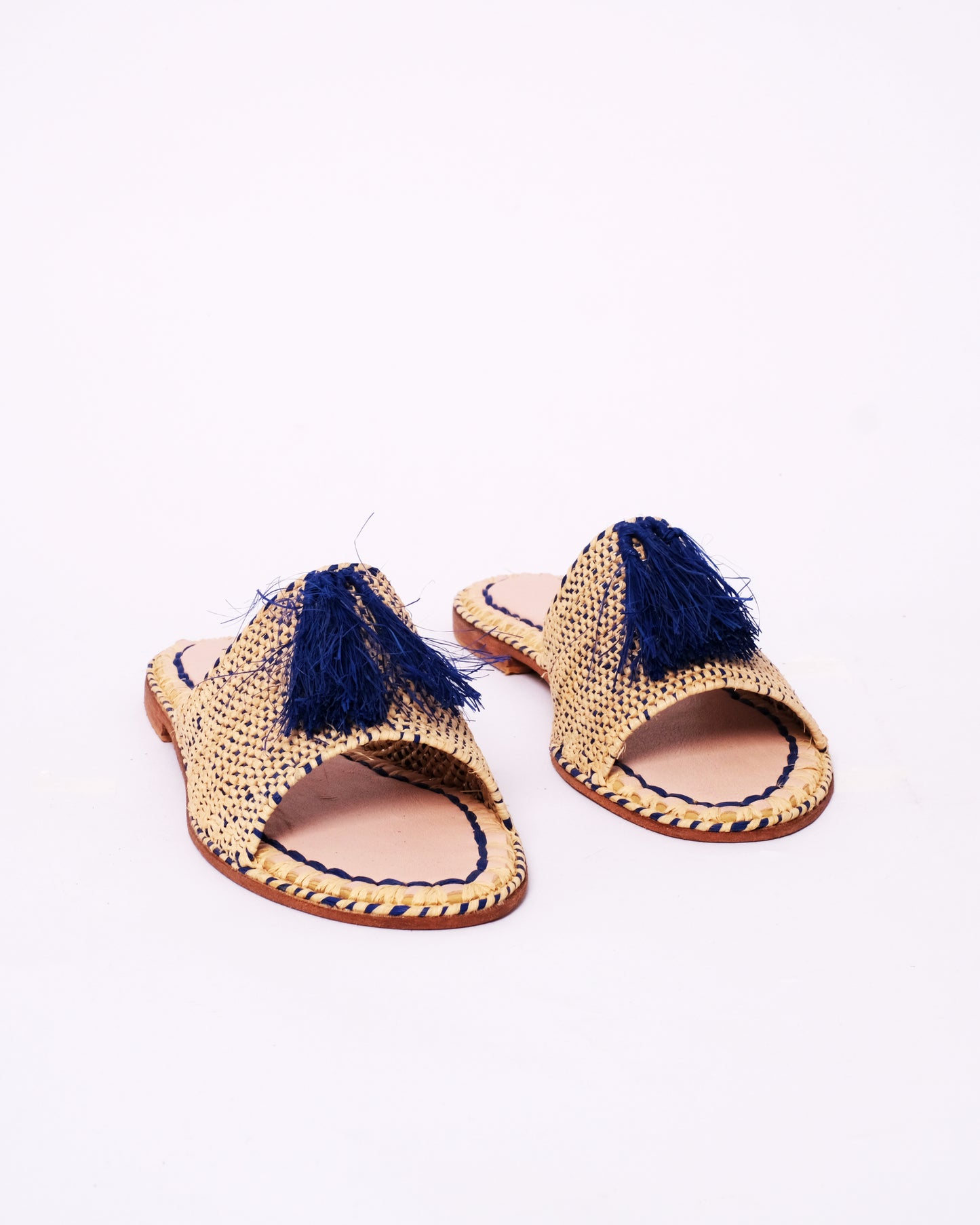 Women’s Raffia Slides with Blue Tassel – Handmade in Morocco