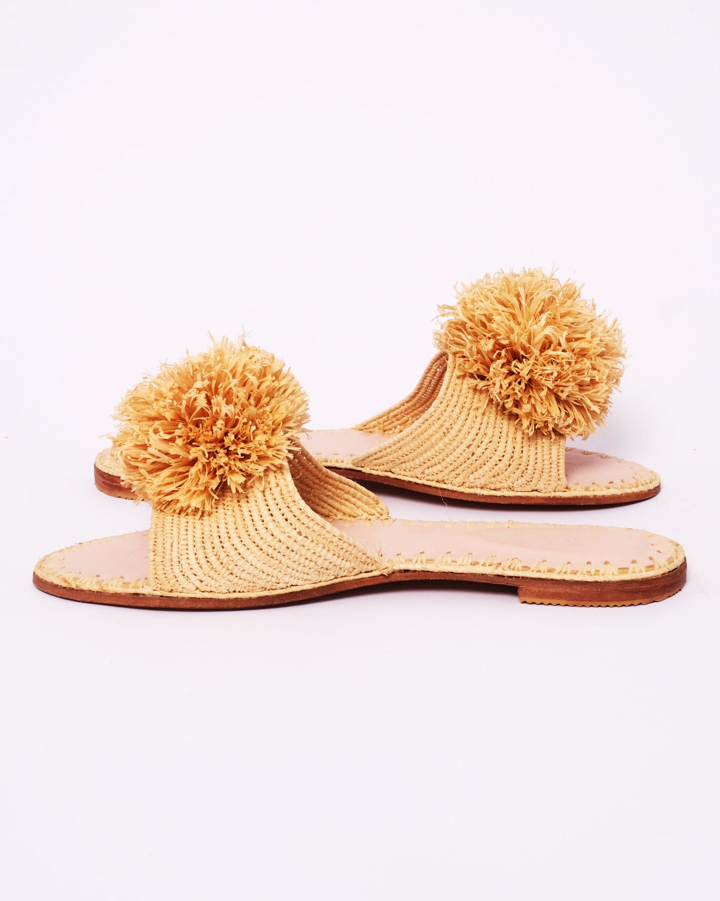 Women’s Raffia Pom-Pom Slides – Handmade Moroccan Craft