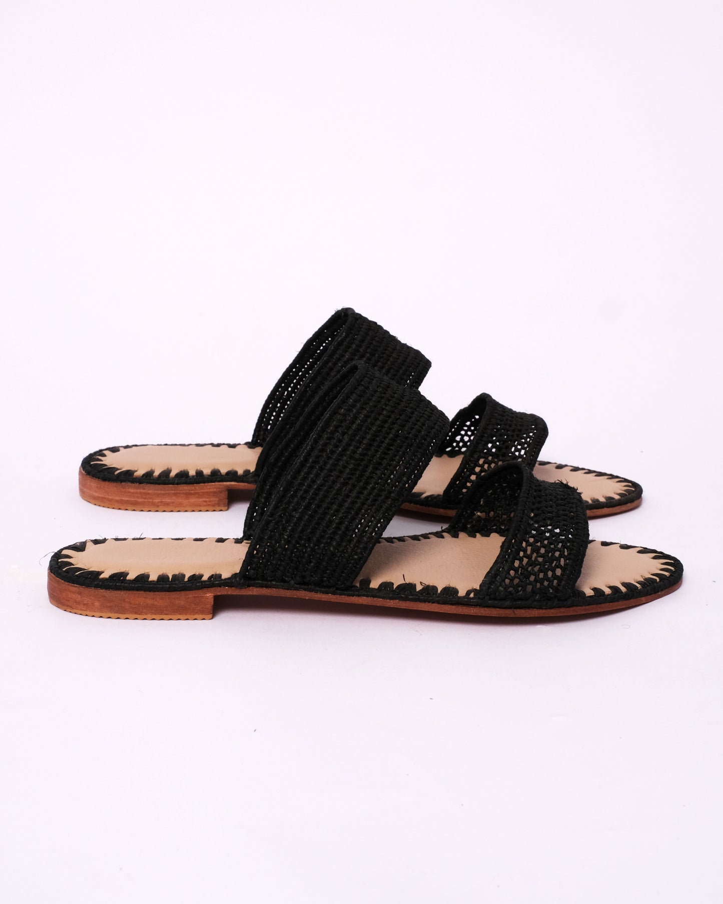 Black Raffia Double Strap Sandals – Handmade Women’s Flats from Morocco