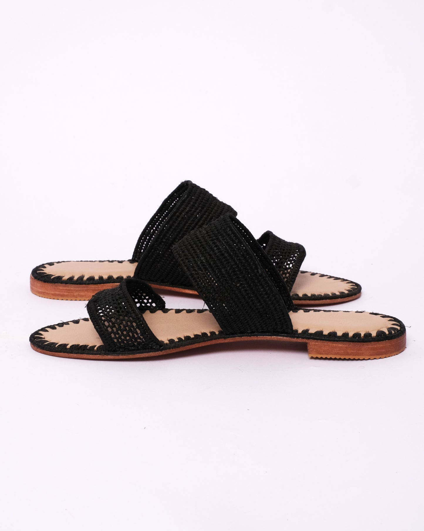 Black Raffia Double Strap Sandals – Handmade Women’s Flats from Morocco