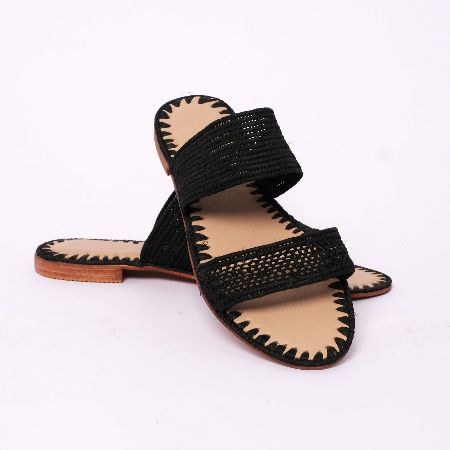 Black Raffia Double Strap Sandals – Handmade Women’s Flats from Morocco
