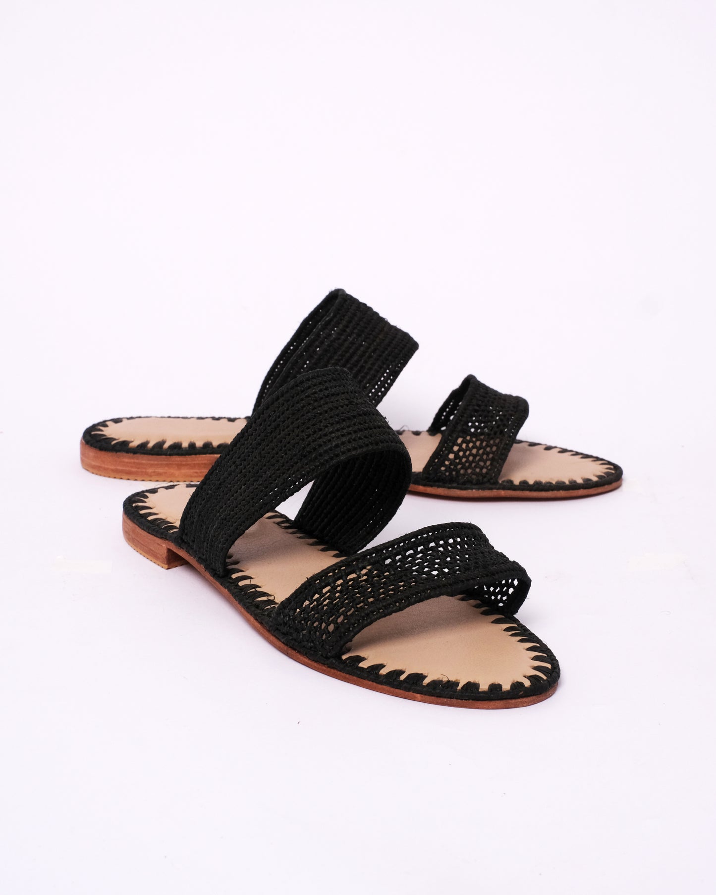 Black Raffia Double Strap Sandals – Handmade Women’s Flats from Morocco