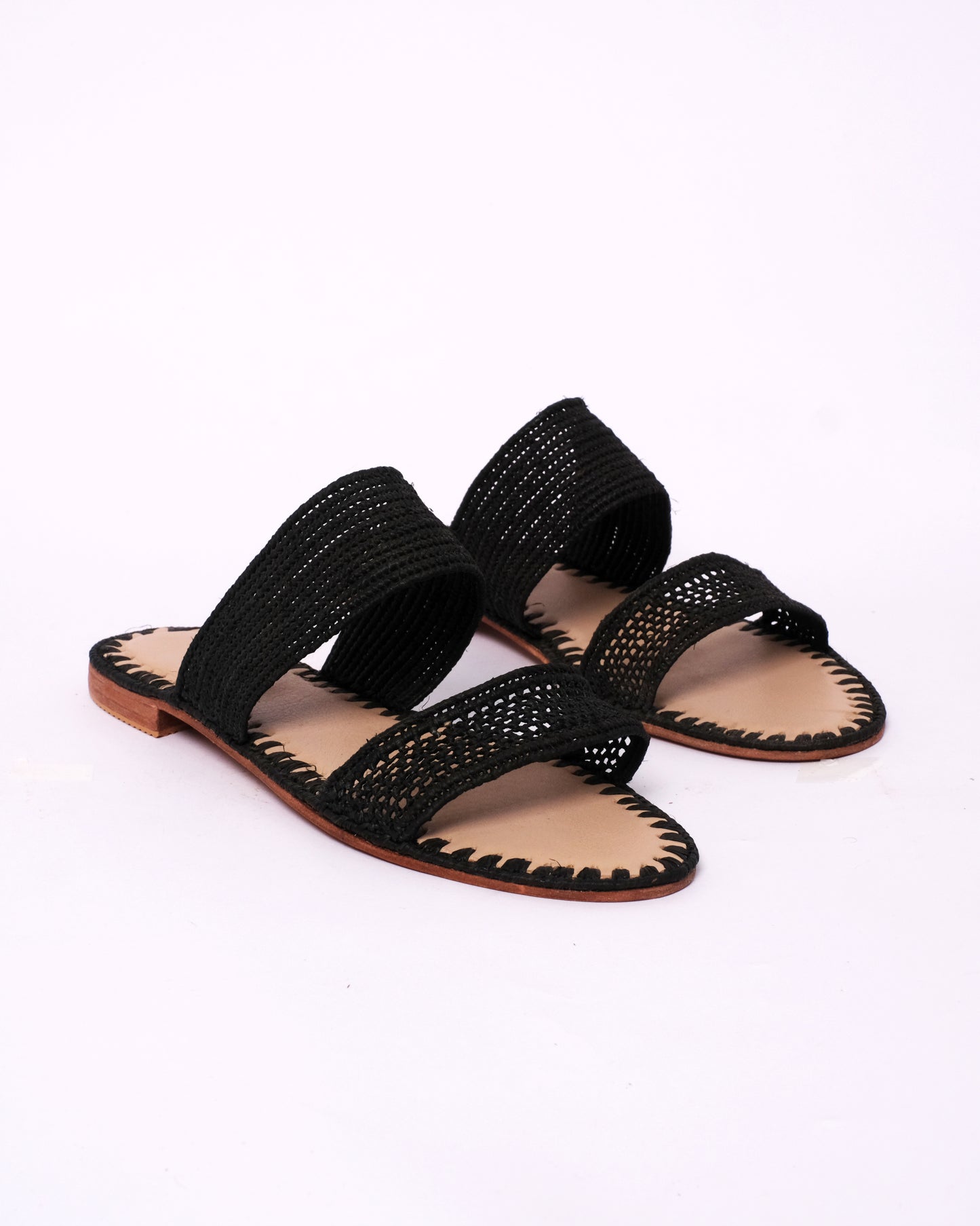 Black Raffia Double Strap Sandals – Handmade Women’s Flats from Morocco