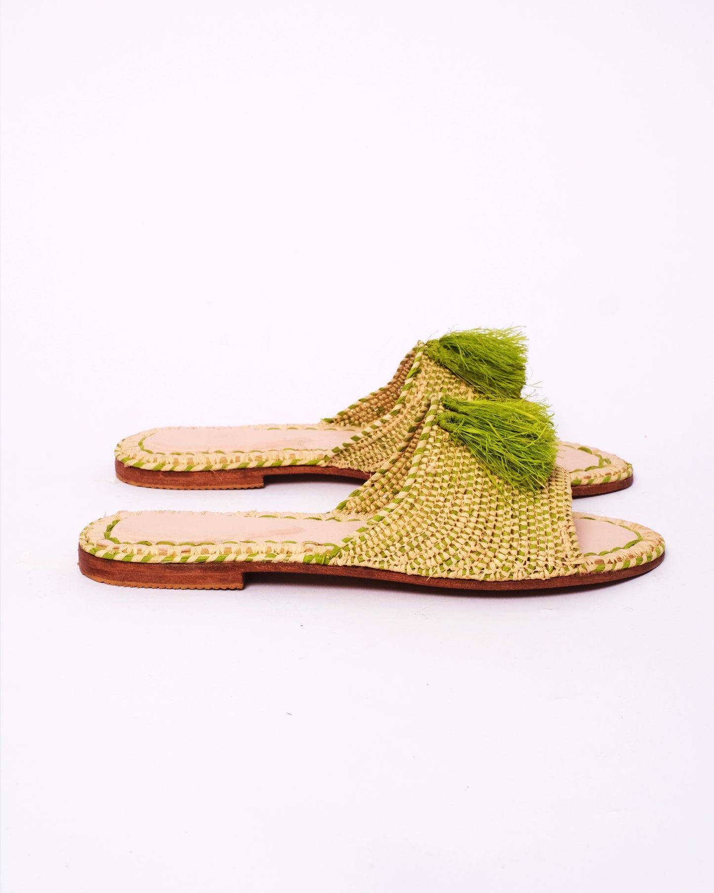 Handmade Raffia Slide Sandals with Green Tassels – Moroccan Artisan Women’s Flats