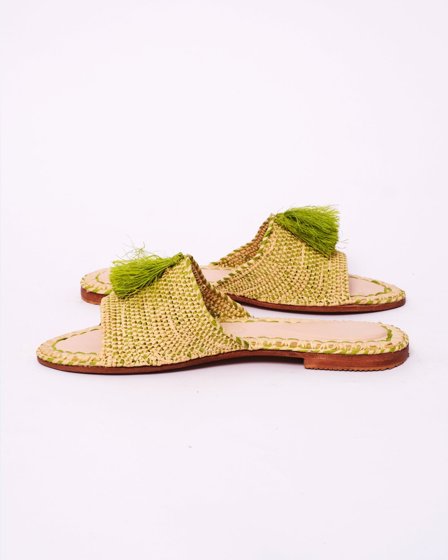 Handmade Raffia Slide Sandals with Green Tassels – Moroccan Artisan Women’s Flats