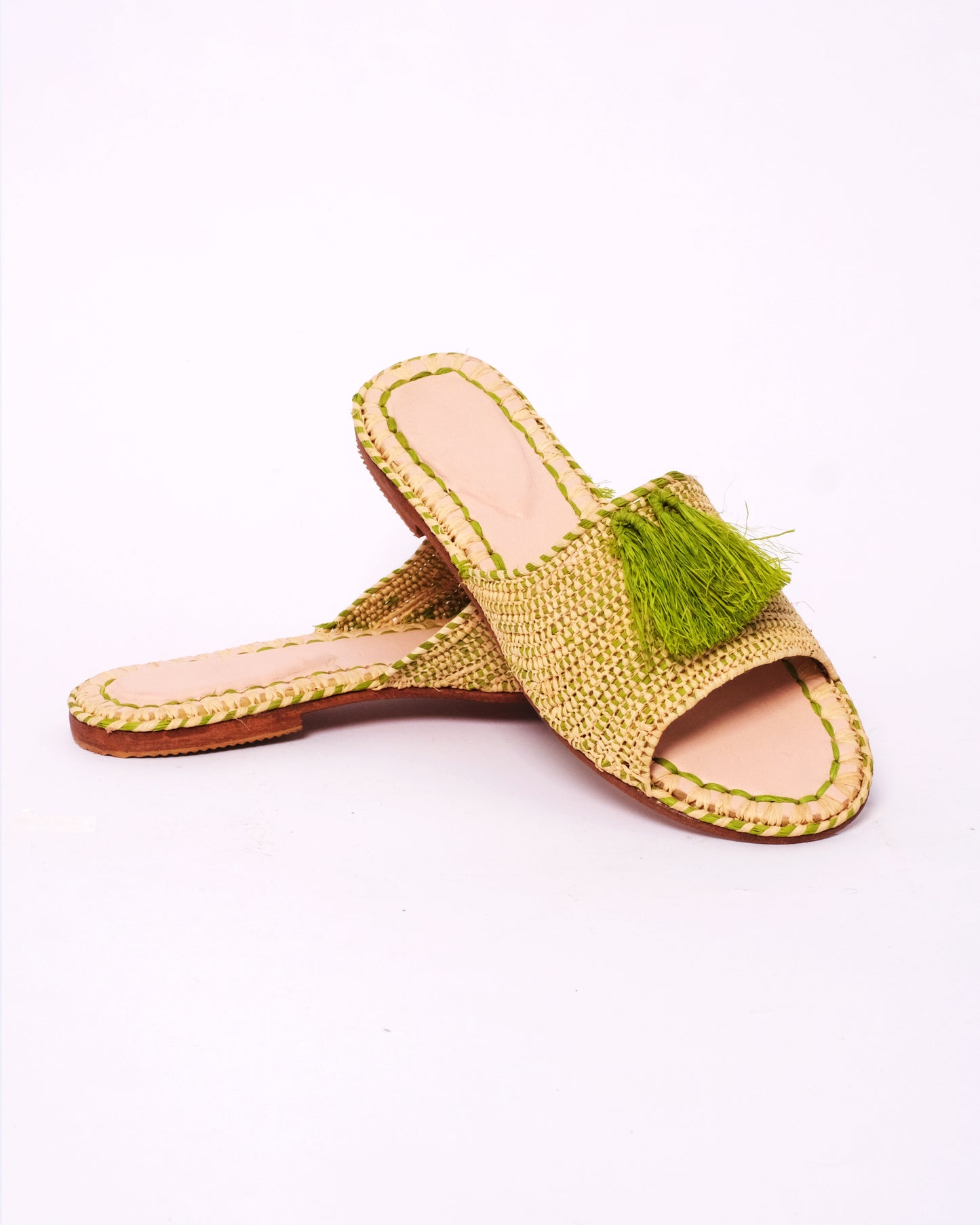 Handmade Raffia Slide Sandals with Green Tassels – Moroccan Artisan Women’s Flats
