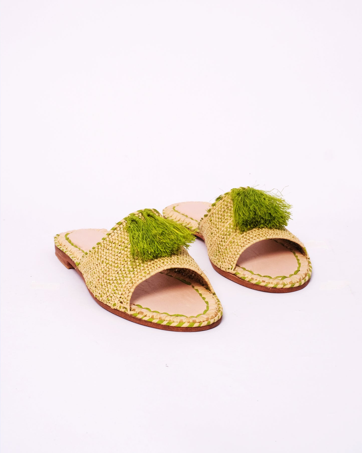 Handmade Raffia Slide Sandals with Green Tassels – Moroccan Artisan Women’s Flats