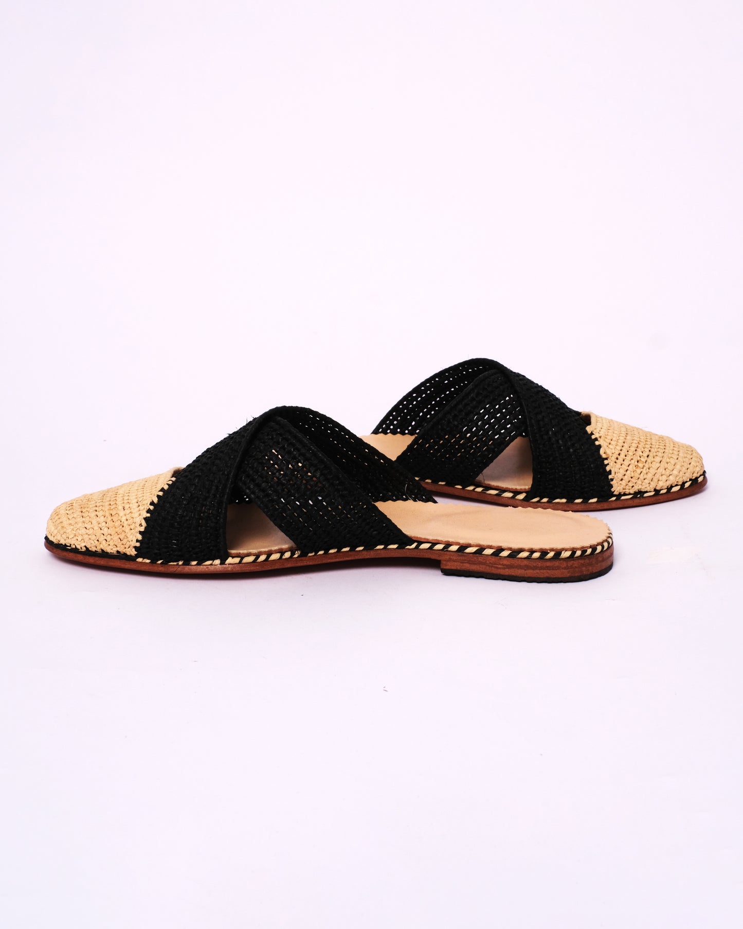 Two-Tone Raffia Slide Mules – Black & Natural Handmade Moroccan Flats
