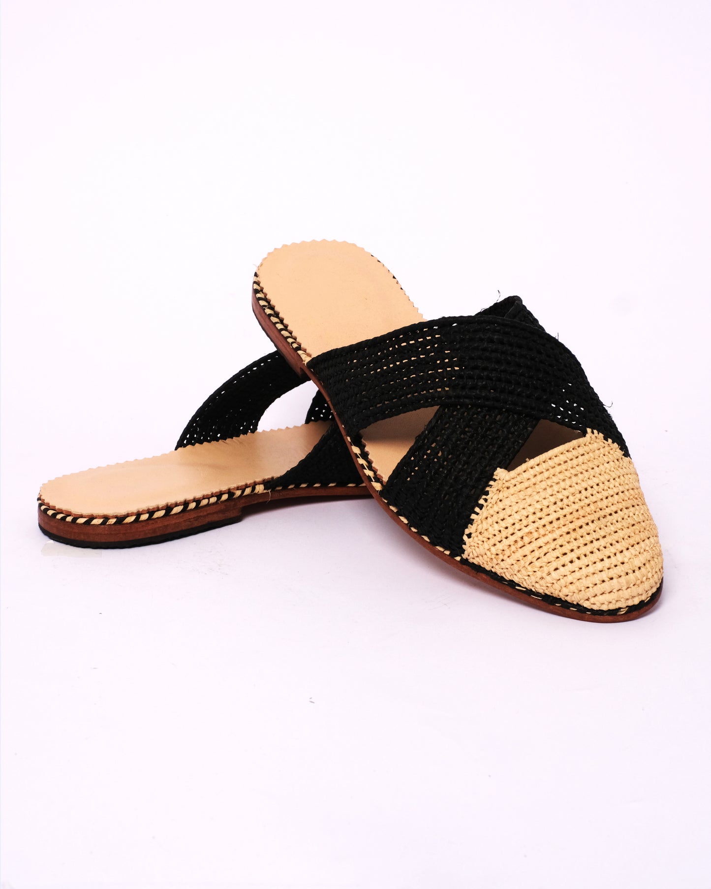 Two-Tone Raffia Slide Mules – Black & Natural Handmade Moroccan Flats
