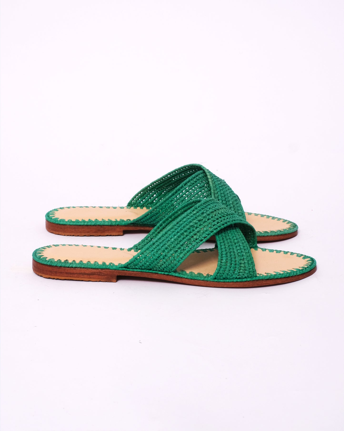 Women’s Green Raffia Slides – Handmade Criss-Cross Sandals