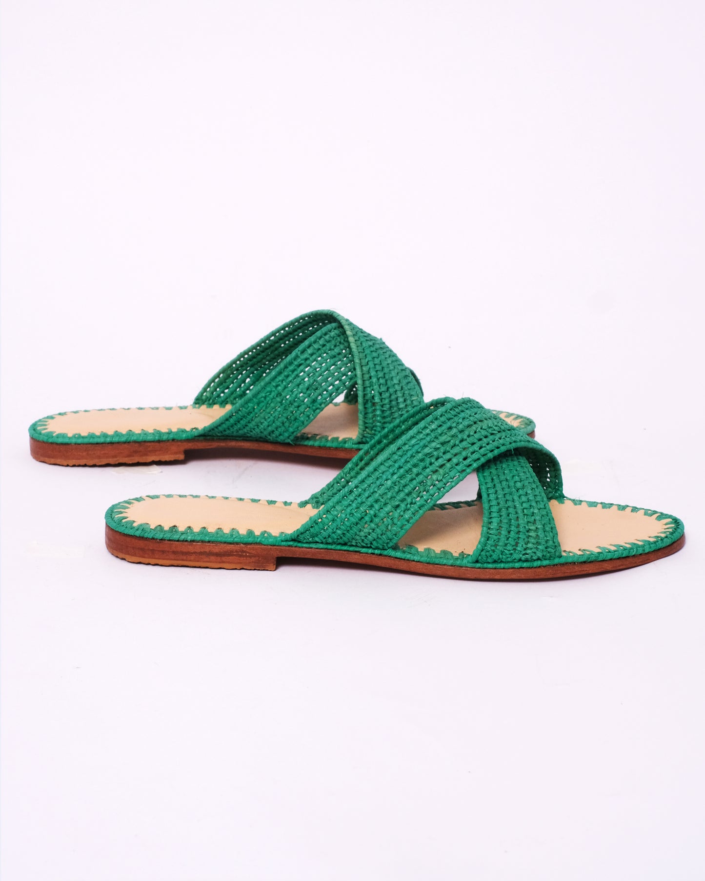Women’s Green Raffia Slides – Handmade Criss-Cross Sandals