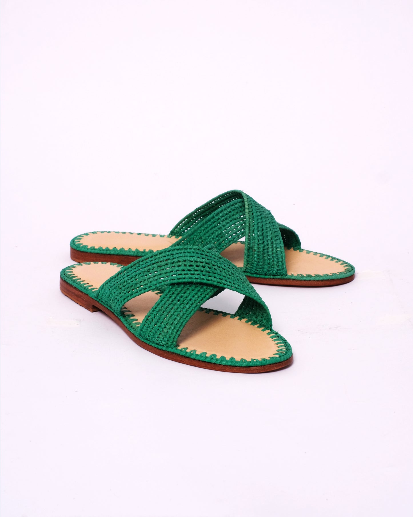 Women’s Green Raffia Slides – Handmade Criss-Cross Sandals