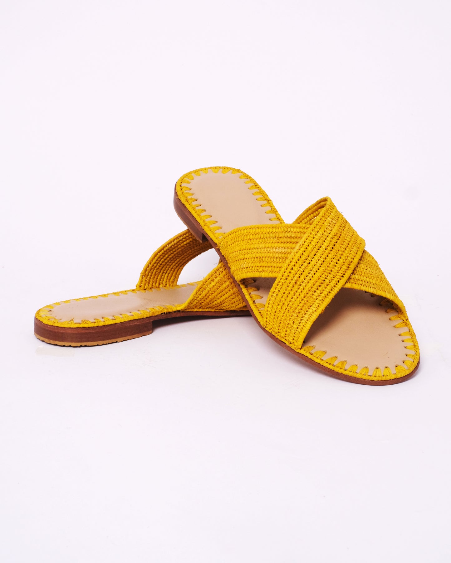 Women’s Yellow Raffia Slides – Handmade Criss-Cross Sandals