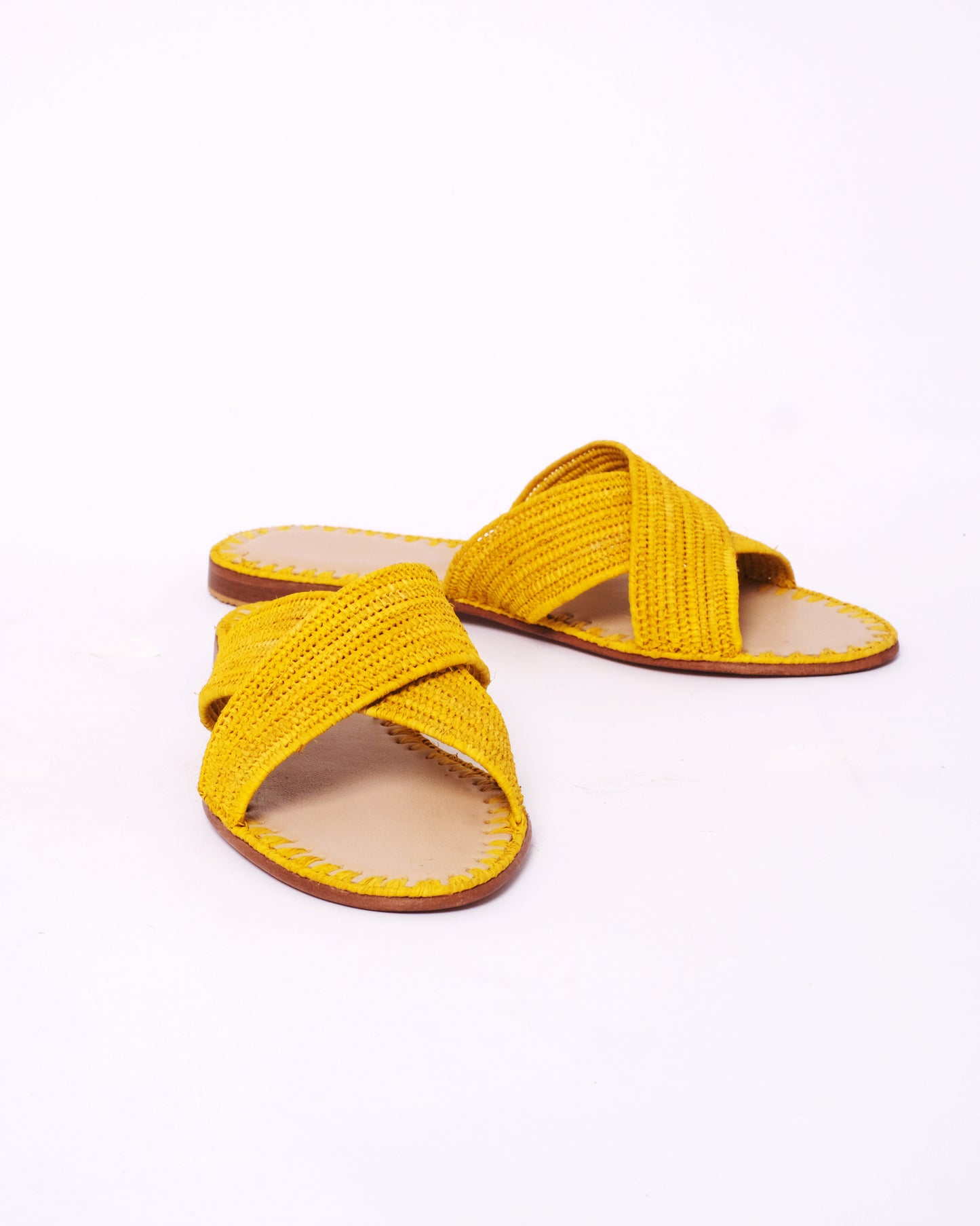 Women’s Yellow Raffia Slides – Handmade Criss-Cross Sandals
