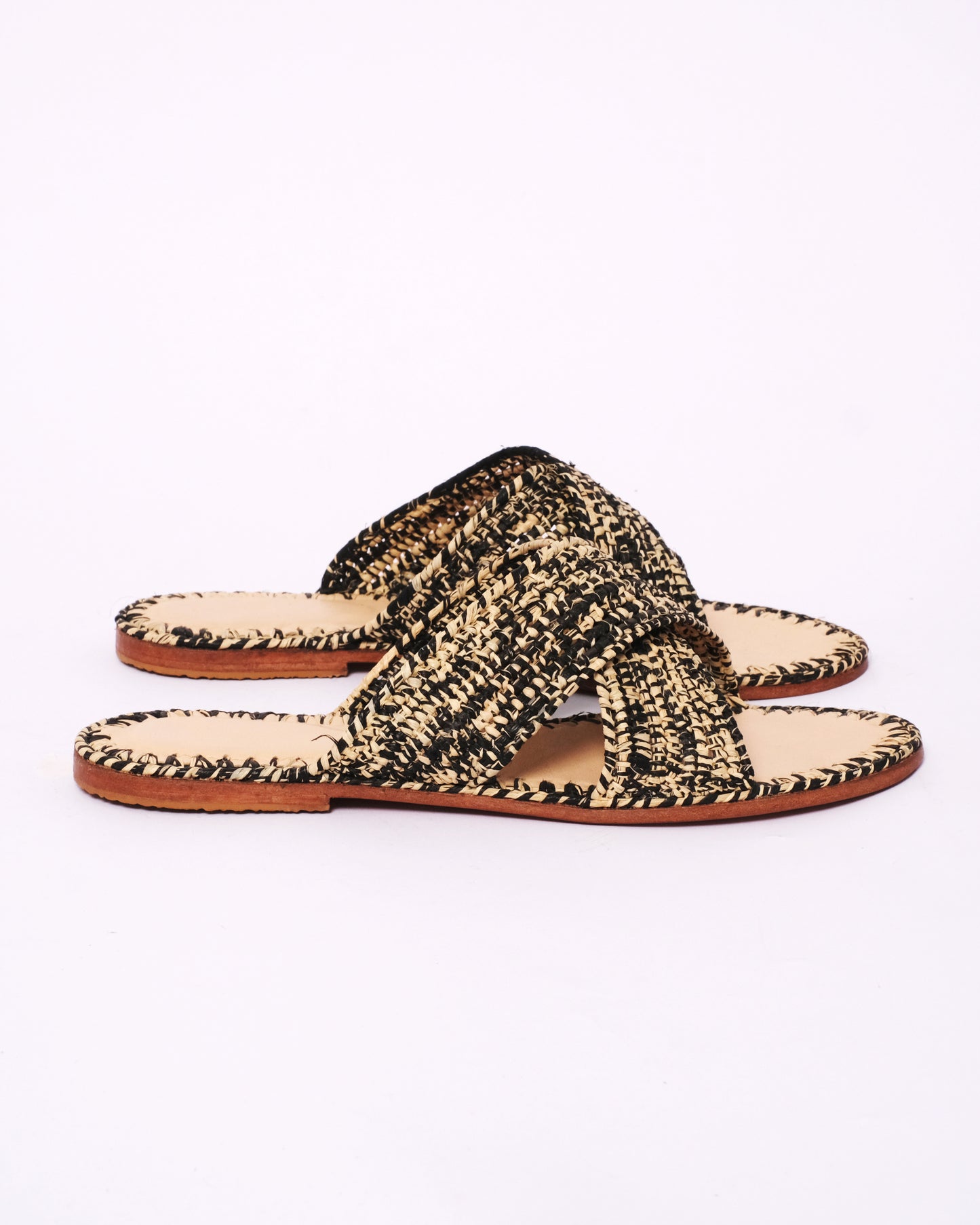 Black & Natural Raffia Cross Sandals – Handmade Moroccan Flat Slides