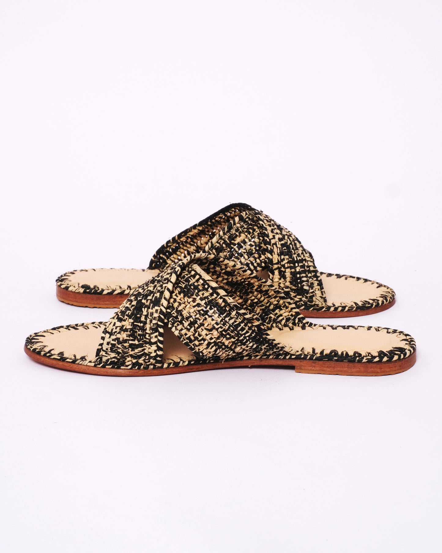 Black & Natural Raffia Cross Sandals – Handmade Moroccan Flat Slides