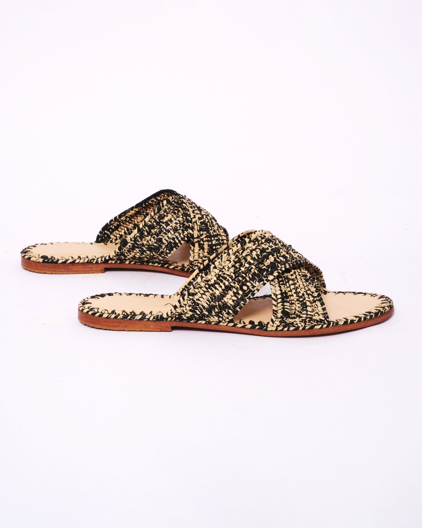 Black & Natural Raffia Cross Sandals – Handmade Moroccan Flat Slides
