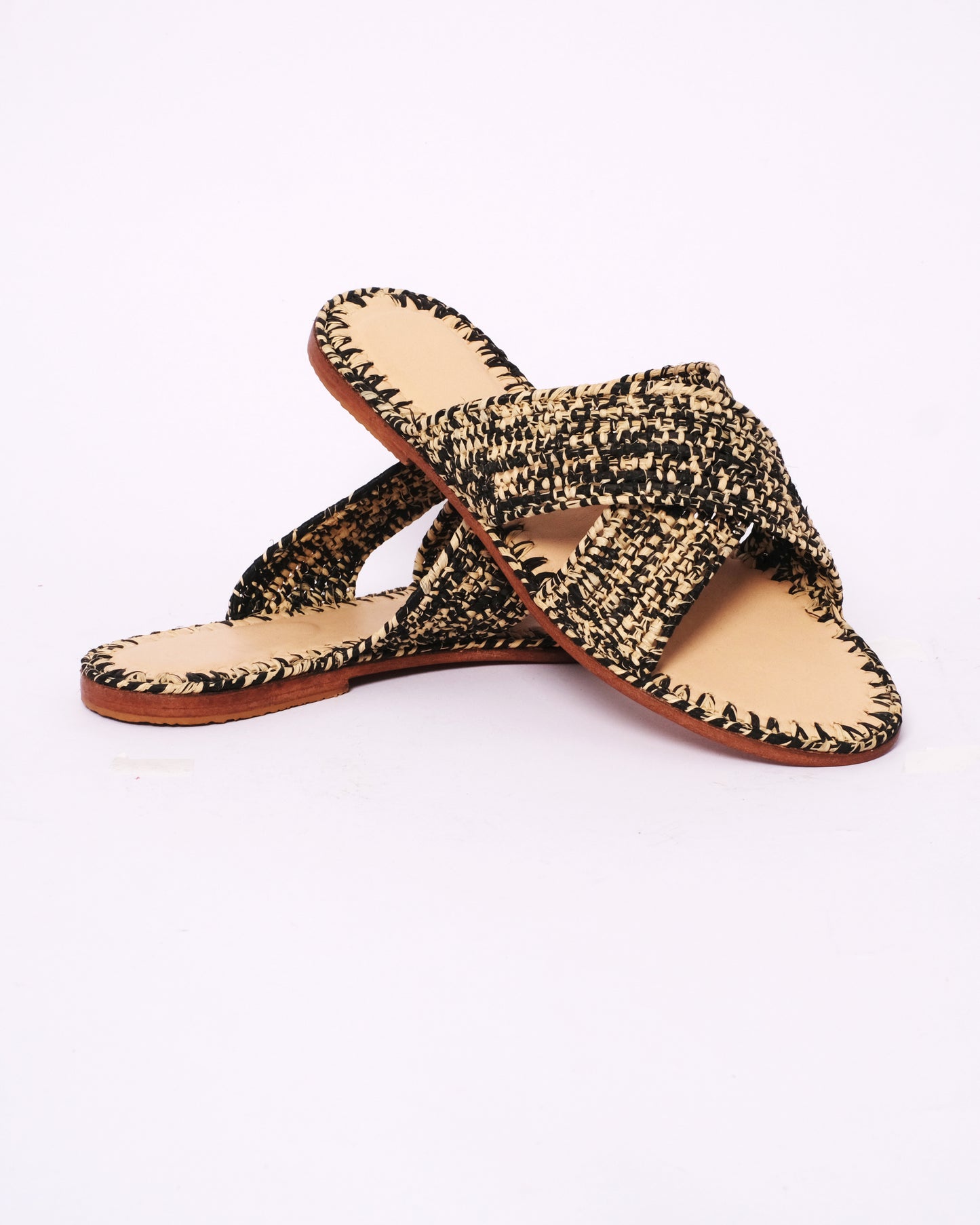 Black & Natural Raffia Cross Sandals – Handmade Moroccan Flat Slides