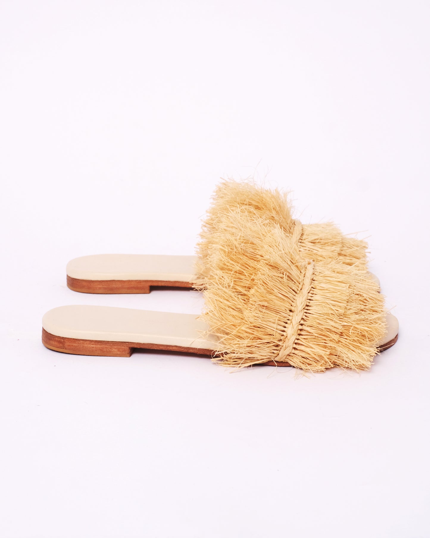 Natural Raffia Fringe Slides – Handmade Moroccan Statement Sandals