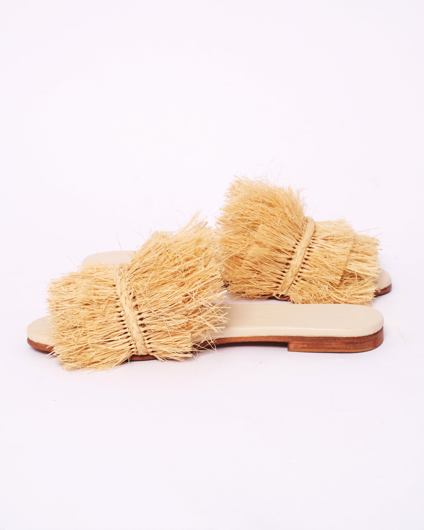 Natural Raffia Fringe Slides – Handmade Moroccan Statement Sandals