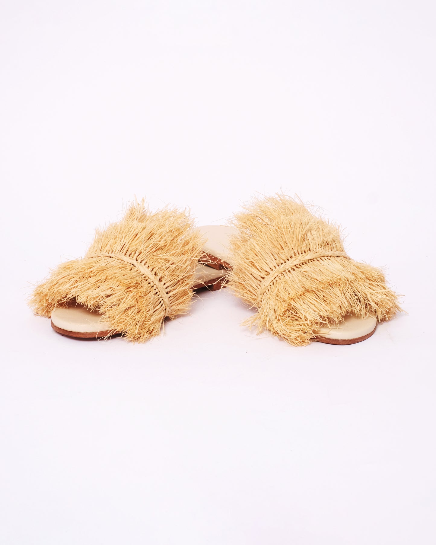 Natural Raffia Fringe Slides – Handmade Moroccan Statement Sandals