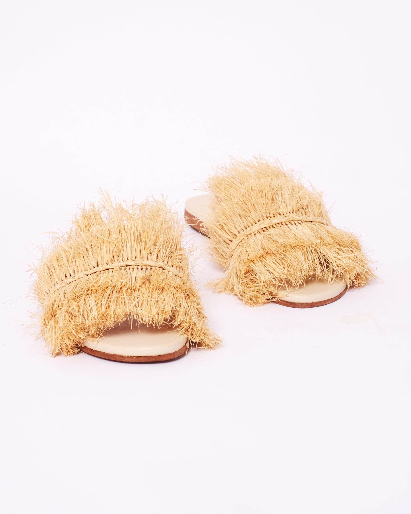 Natural Raffia Fringe Slides – Handmade Moroccan Statement Sandals