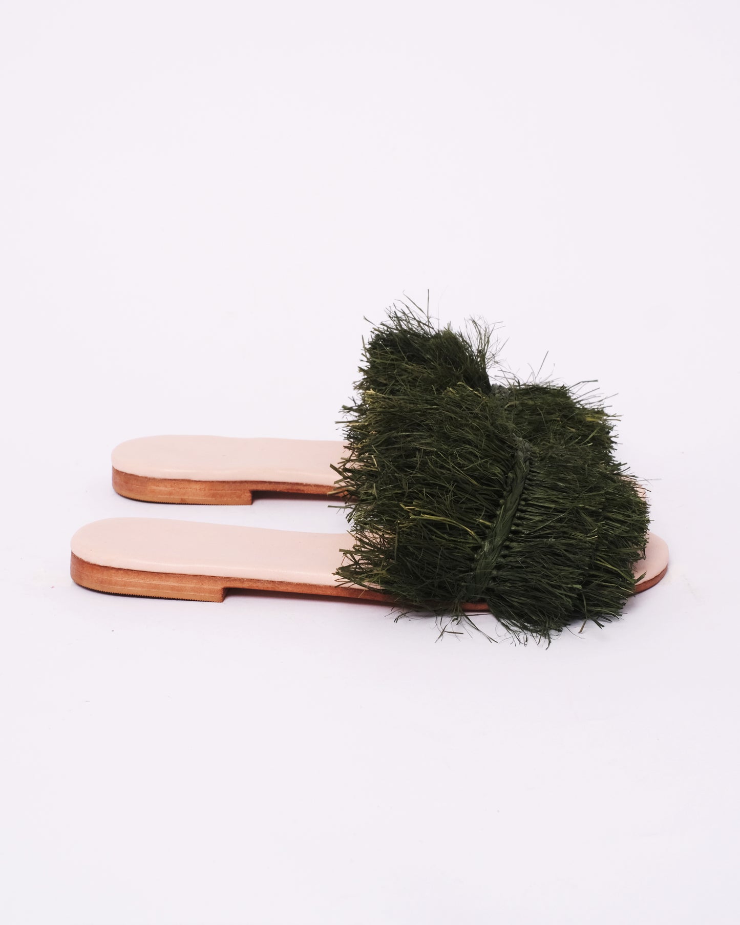 Dark Green Raffia Slide Sandals – Handmade Moroccan Women’s Flats