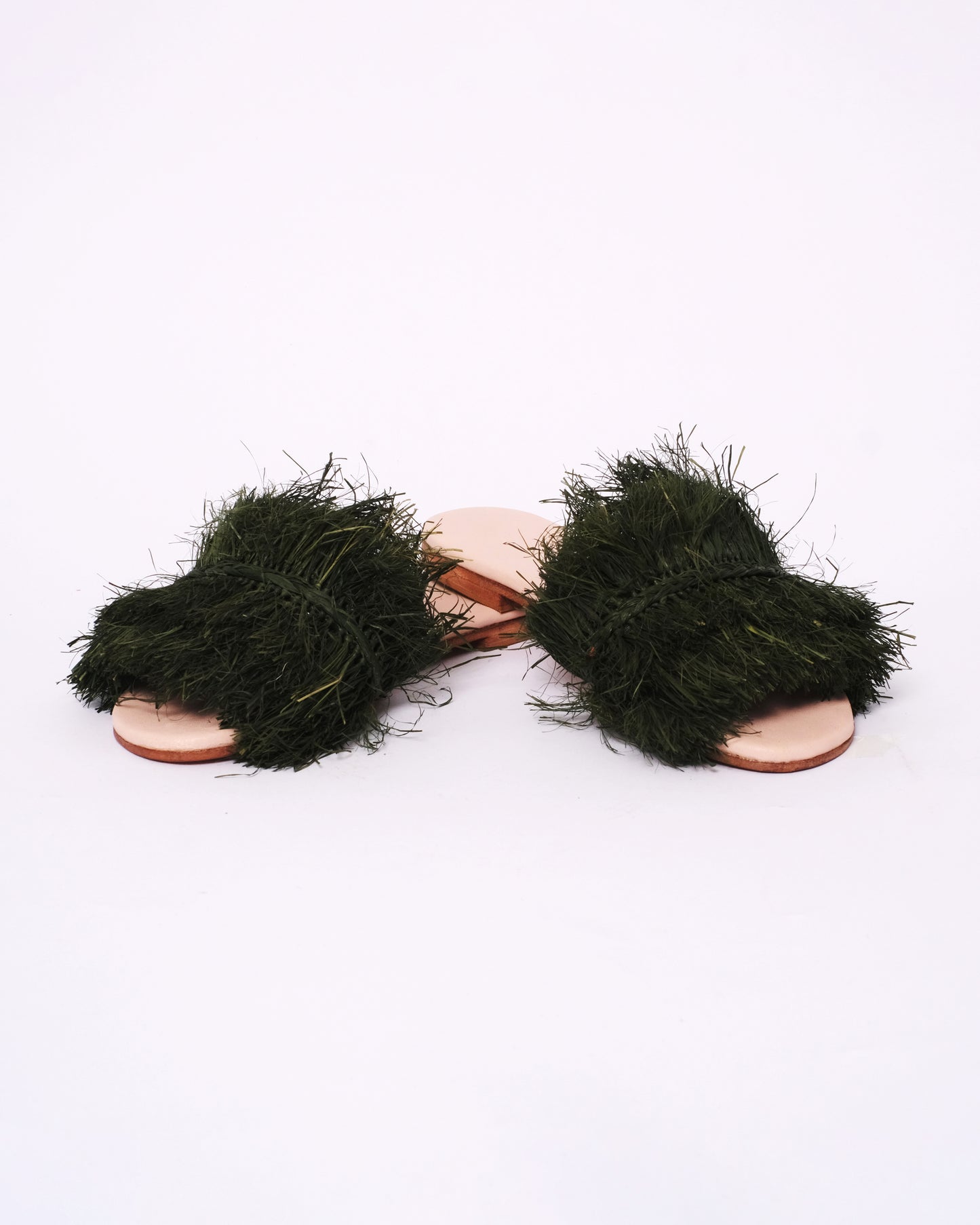Dark Green Raffia Slide Sandals – Handmade Moroccan Women’s Flats