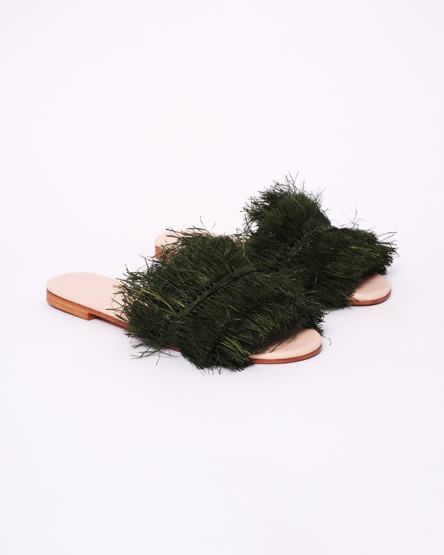Dark Green Raffia Slide Sandals – Handmade Moroccan Women’s Flats
