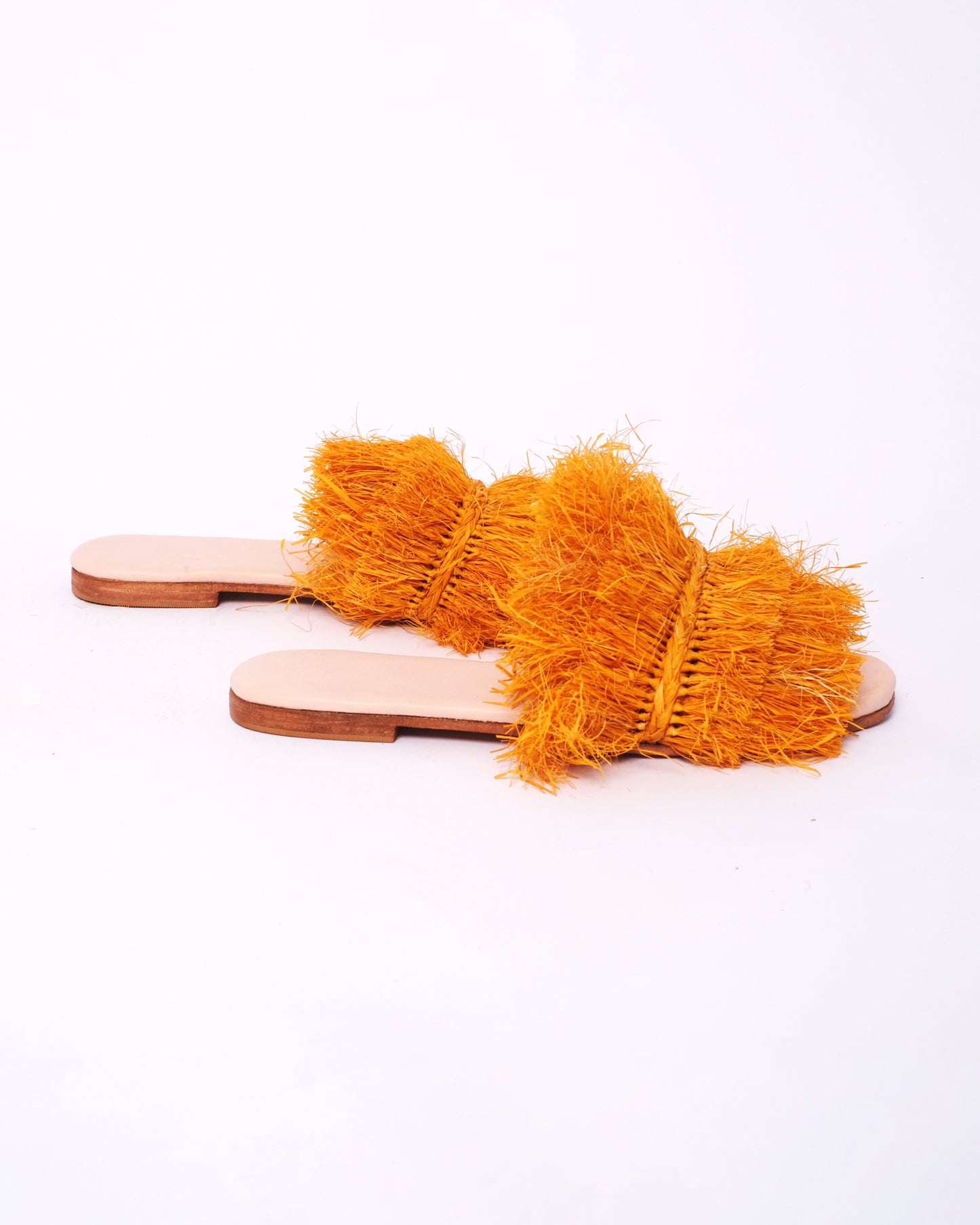Women’s Orange Raffia Fringe Slides – Handmade in Morocco