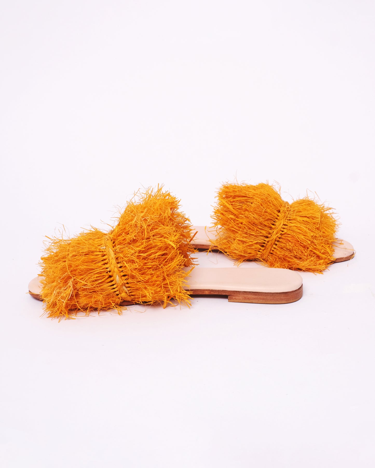 Women’s Orange Raffia Fringe Slides – Handmade in Morocco