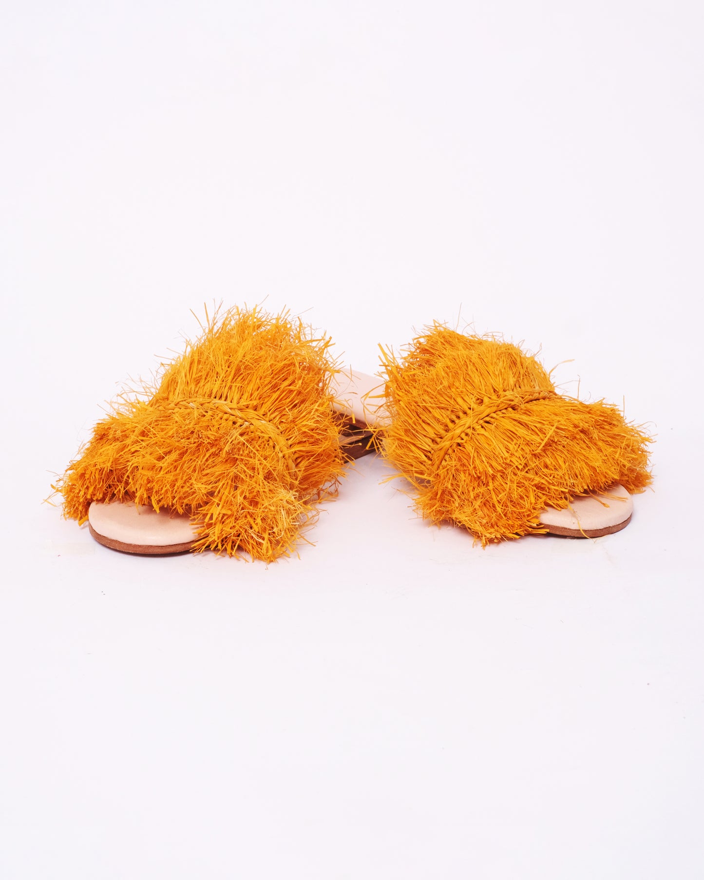 Women’s Orange Raffia Fringe Slides – Handmade in Morocco