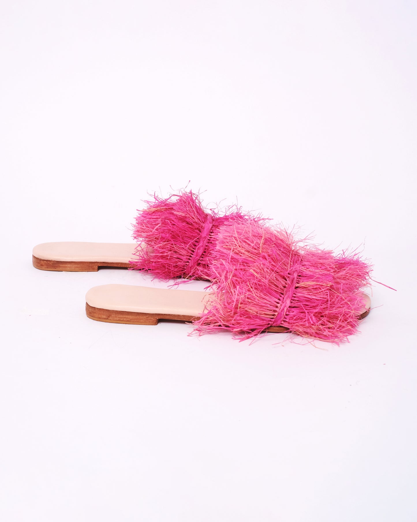 Women’s Pink Raffia Fringe Slides – Handmade in Morocco